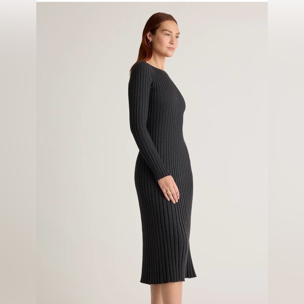 Quince Cotton Cashmere Ribbed Long Sleeve Crew Midi Dress charcoal Heather XL - Picture 4 of 10